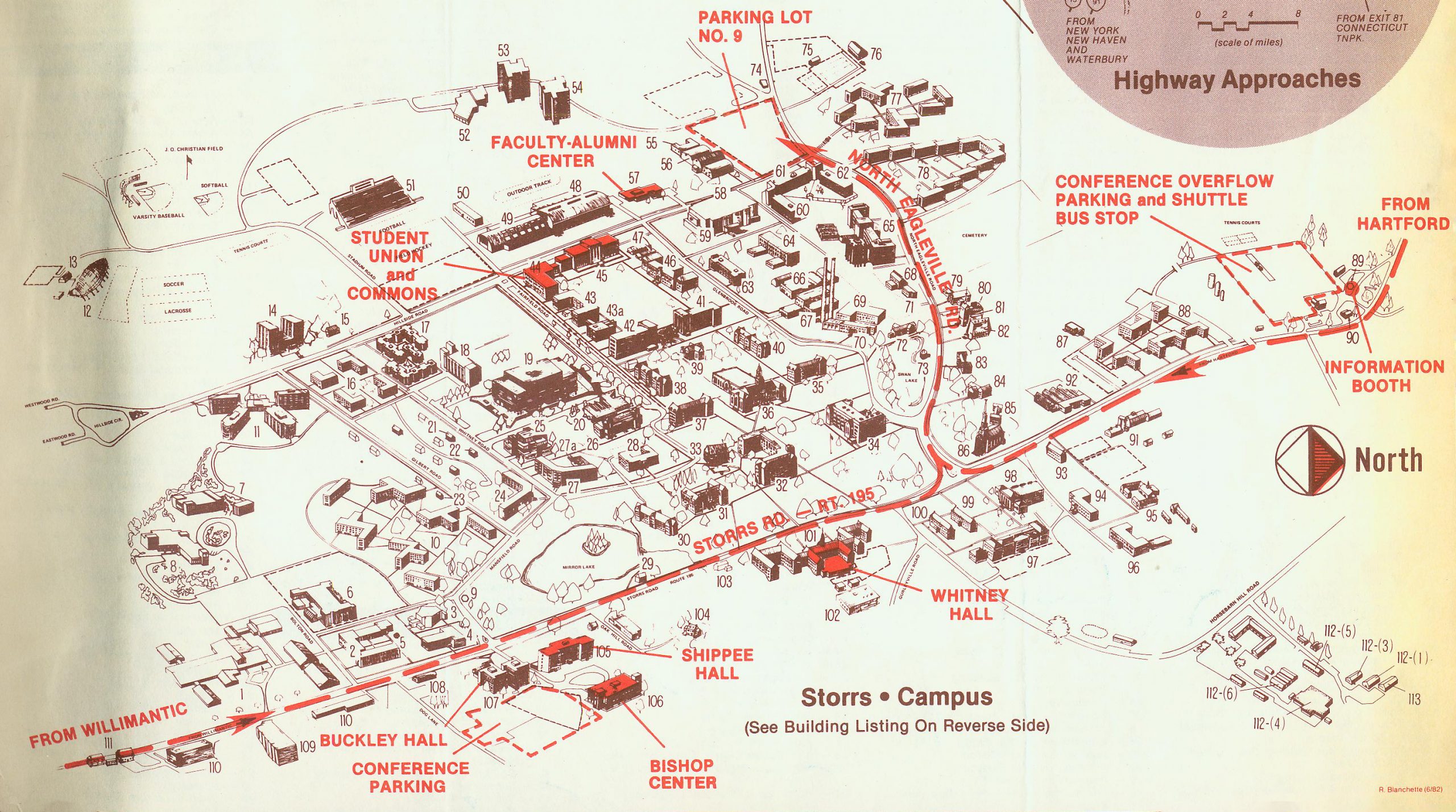 UConn campus map from 1982 with details of buildings and roads