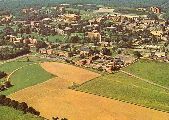 Arial view of UConn campus from summer 1985 looking southwest showing Horsebarn Hill and the main part of the campus